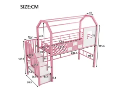 Cama alta de metal 90x200 cm - Com escada com armazenamento - Com barras de segurança - Design de telhado - Rosa
