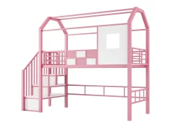 Cama alta de metal 90x200 cm - Com escada com armazenamento - Com barras de segurança - Design de telhado - Rosa