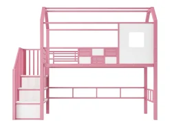 Cama alta de metal 90x200 cm - Com escada com armazenamento - Com barras de segurança - Design de telhado - Rosa