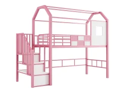 Cama alta de metal 90x200 cm - Com escada com armazenamento - Com barras de segurança - Design de telhado - Rosa