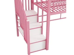 Cama alta de metal 90x200 cm - Com escada com armazenamento - Com barras de segurança - Design de telhado - Rosa