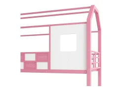 Cama alta de metal 90x200 cm - Com escada com armazenamento - Com barras de segurança - Design de telhado - Rosa