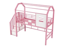 Cama alta de metal 90x200 cm - Com escada com armazenamento - Com barras de segurança - Design de telhado - Rosa