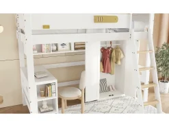 Cama alta em madeira - 90x200 cm - com prateleiras, secretária e roupeiro - Branco