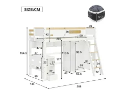 Cama alta em madeira - 90x200 cm - com prateleiras, secretária e roupeiro - Branco