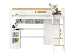Cama alta em madeira - 90x200 cm - com prateleiras, secretária e roupeiro - Branco