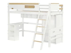 Cama alta em madeira - 90x200 cm - com prateleiras, secretária e roupeiro - Branco