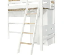 Cama alta em madeira - 90x200 cm - com prateleiras, secretária e roupeiro - Branco