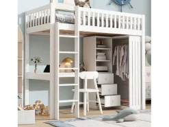 Cama alta em madeira 90x200 cm - com secretária e roupeiro - Branco