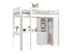 Cama alta em madeira 90x200 cm - com secretária e roupeiro - Branco