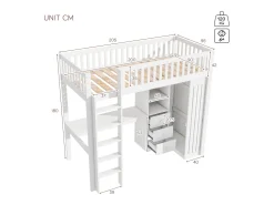 Cama alta em madeira 90x200 cm - com secretária e roupeiro - Branco