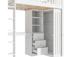Cama alta em madeira 90x200 cm - com secretária e roupeiro - Branco