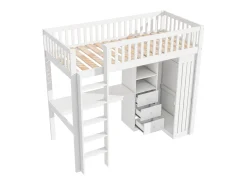 Cama alta em madeira 90x200 cm - com secretária e roupeiro - Branco