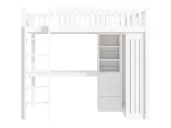Cama alta em madeira 90x200 cm - com secretária e roupeiro - Branco