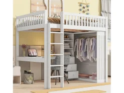 Cama alta em madeira 140x200 cm - com secretária e roupeiro - Branco