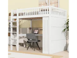 Cama alta em madeira 140x200 cm - com secretária e roupeiro - Branco