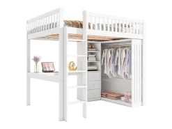 Cama alta em madeira 140x200 cm - com secretária e roupeiro - Branco