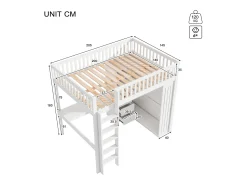 Cama alta em madeira 140x200 cm - com secretária e roupeiro - Branco