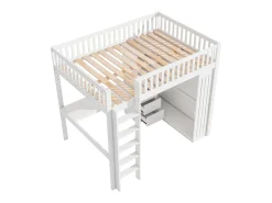 Cama alta em madeira 140x200 cm - com secretária e roupeiro - Branco