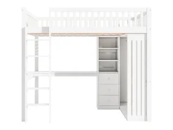 Cama alta em madeira 140x200 cm - com secretária e roupeiro - Branco