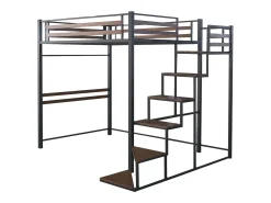 Cama alta em metal com escada "LENA" - 140 x 200 cm - Preto e castanho nogueira