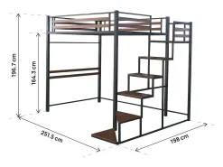 Cama alta em metal com escada "LENA" - 140 x 200 cm - Preto e castanho nogueira