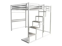Cama alta em metal com escada "LENA" - 140 x 200 cm - Branco
