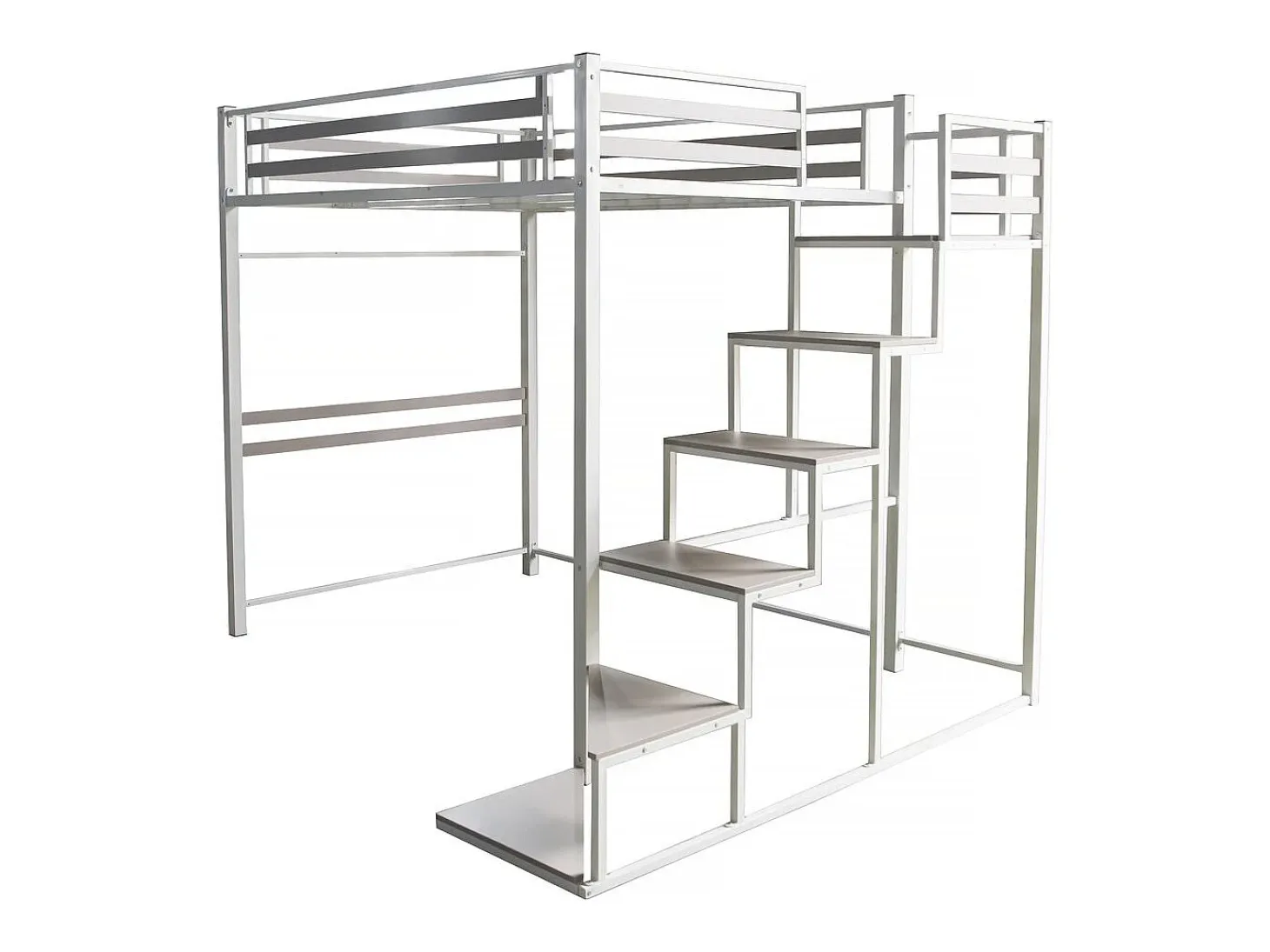 Cama alta em metal com escada "LENA" - 140 x 200 cm - Branco