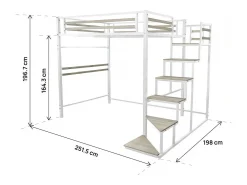 Cama alta em metal com escada "LENA" - 140 x 200 cm - Branco