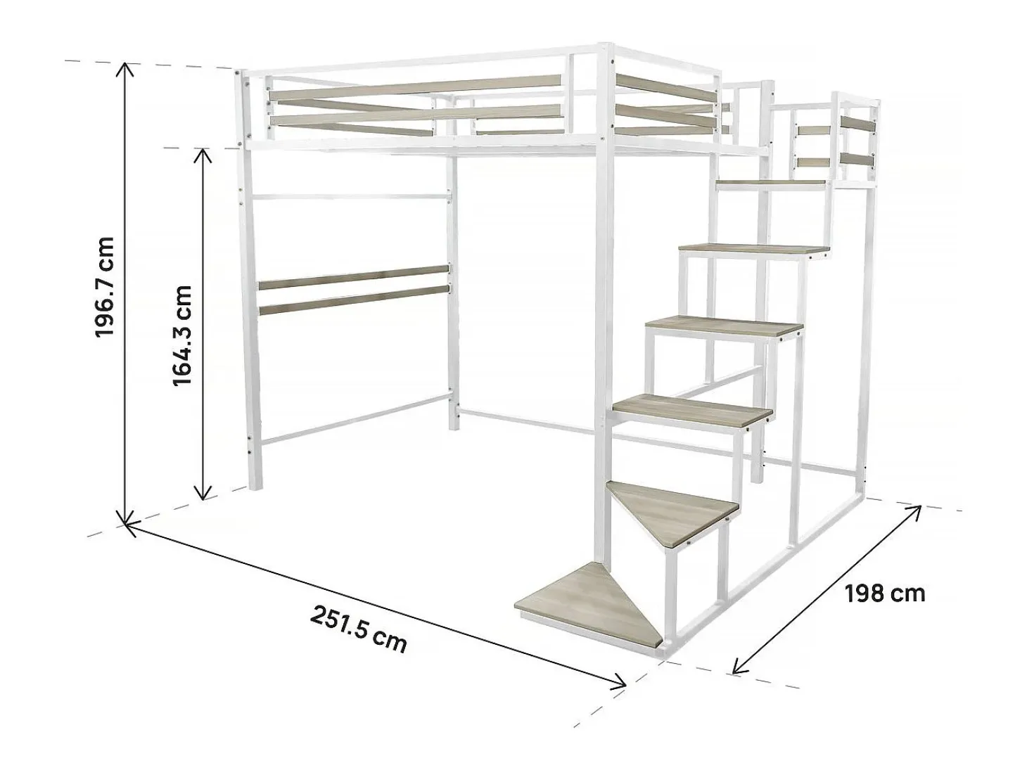 Cama alta em metal com escada "LENA" - 140 x 200 cm - Branco