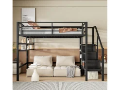 Cama alta em metal 140x200 cm - com prateleira e escada de arrumação - Preto