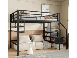 Cama alta em metal 140x200 cm - com prateleira e escada de arrumação - Preto