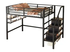 Cama alta em metal 140x200 cm - com prateleira e escada de arrumação - Preto