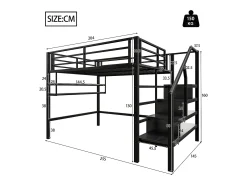 Cama alta em metal 140x200 cm - com prateleira e escada de arrumação - Preto
