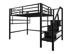 Cama alta em metal 140x200 cm - com prateleira e escada de arrumação - Preto