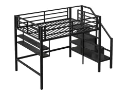Cama alta em metal 140x200 cm - com prateleira e escada de arrumação - Preto