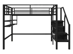 Cama alta em metal 140x200 cm - com prateleira e escada de arrumação - Preto