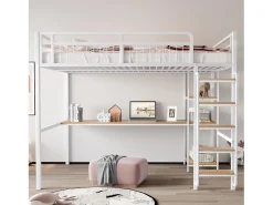 Cama alta em metal 140x200 cm - com secretária e escada de segurança - Branco