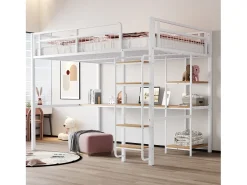 Cama alta em metal 140x200 cm - com secretária e escada de segurança - Branco