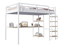 Cama alta em metal 140x200 cm - com secretária e escada de segurança - Branco