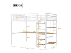 Cama alta em metal 140x200 cm - com secretária e escada de segurança - Branco