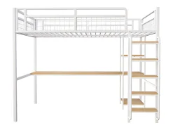 Cama alta em metal 140x200 cm - com secretária e escada de segurança - Branco