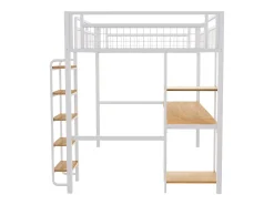 Cama alta em metal 140x200 cm - com secretária e escada de segurança - Branco