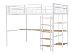 Cama alta em metal 140x200 cm - com secretária e escada de segurança - Branco