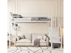 Cama alta em metal 140x200 cm - com prateleira e escada de arrumação - Branco