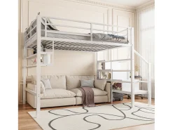 Cama alta em metal 140x200 cm - com prateleira e escada de arrumação - Branco
