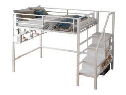 Cama alta em metal 140x200 cm - com prateleira e escada de arrumação - Branco