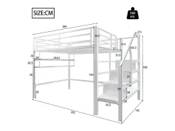 Cama alta em metal 140x200 cm - com prateleira e escada de arrumação - Branco