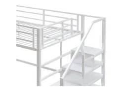 Cama alta em metal 140x200 cm - com prateleira e escada de arrumação - Branco