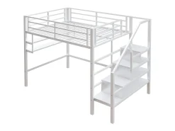 Cama alta em metal 140x200 cm - com prateleira e escada de arrumação - Branco